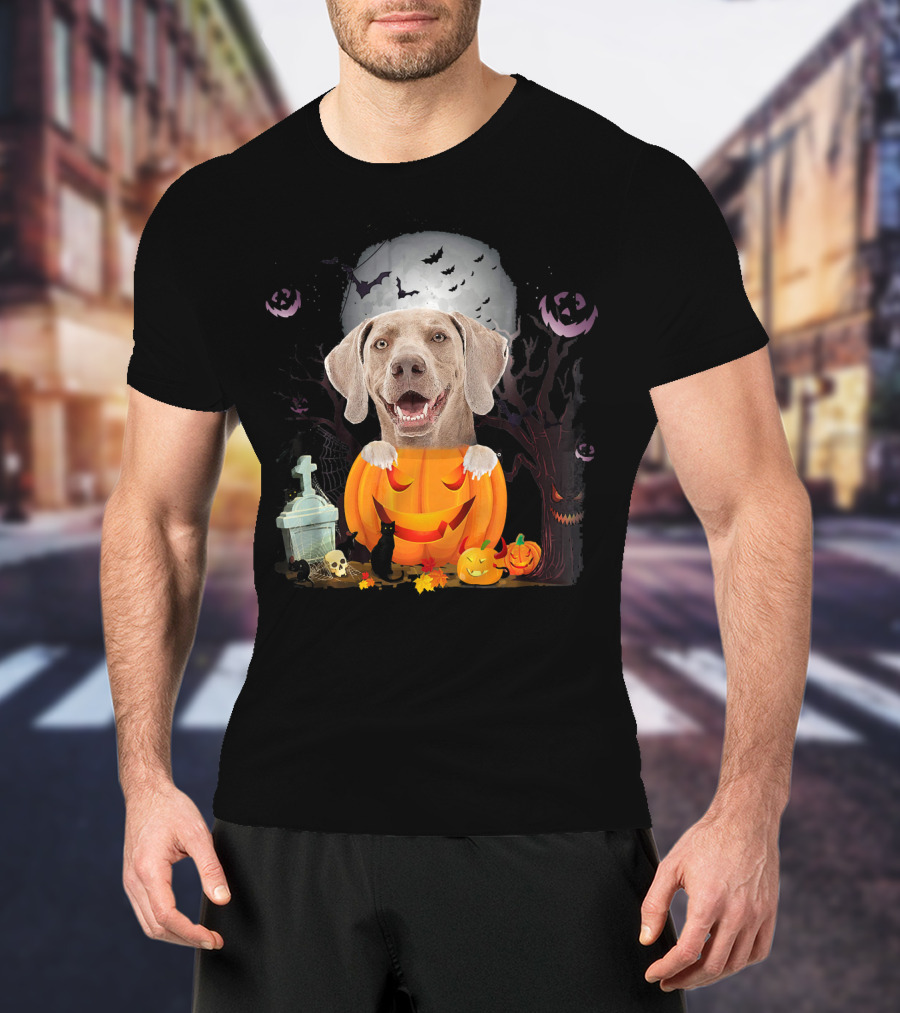 Weimaraner Dog In Halloween Pumpkin With Bats And Black Cat T-Shirt