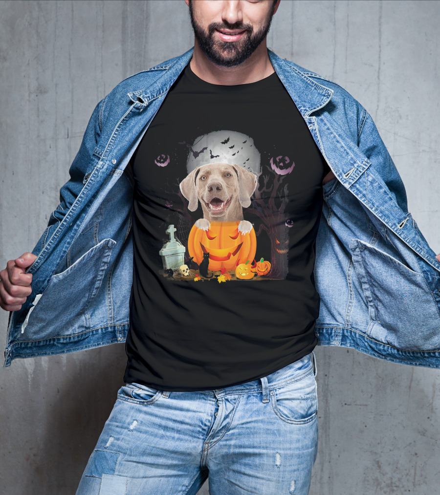 Weimaraner Dog In Halloween Pumpkin With Bats And Black Cat T-Shirt