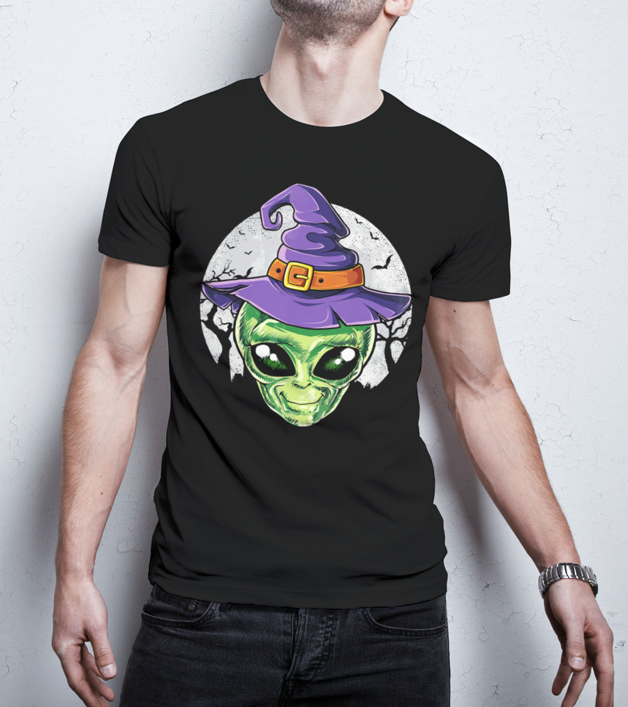 Alien Witch Hat With Moon And Bats T-Shirt