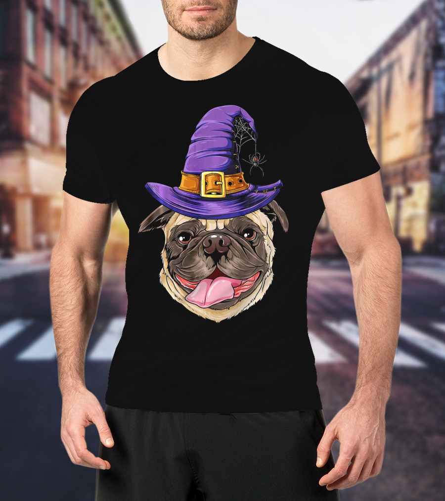 Pug With Witch Hat And Spider Halloween T-Shirt