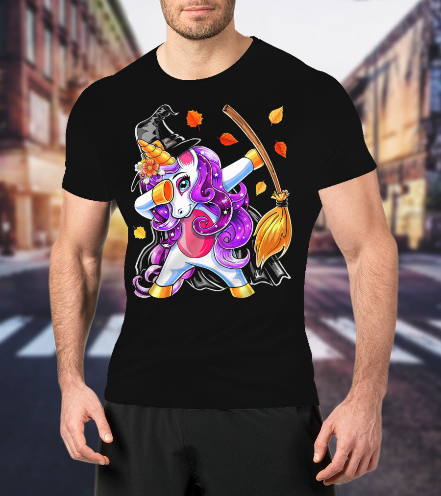 Dabbing Unicorn Halloween Witch With Magical Broom And Autumn Leaves T-Shirt