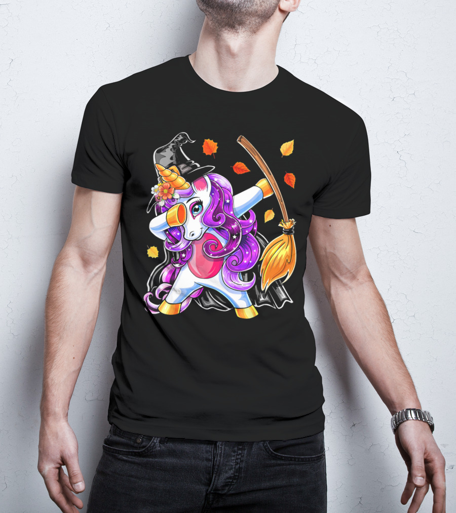 Dabbing Unicorn Halloween Witch With Magical Broom And Autumn Leaves T-Shirt