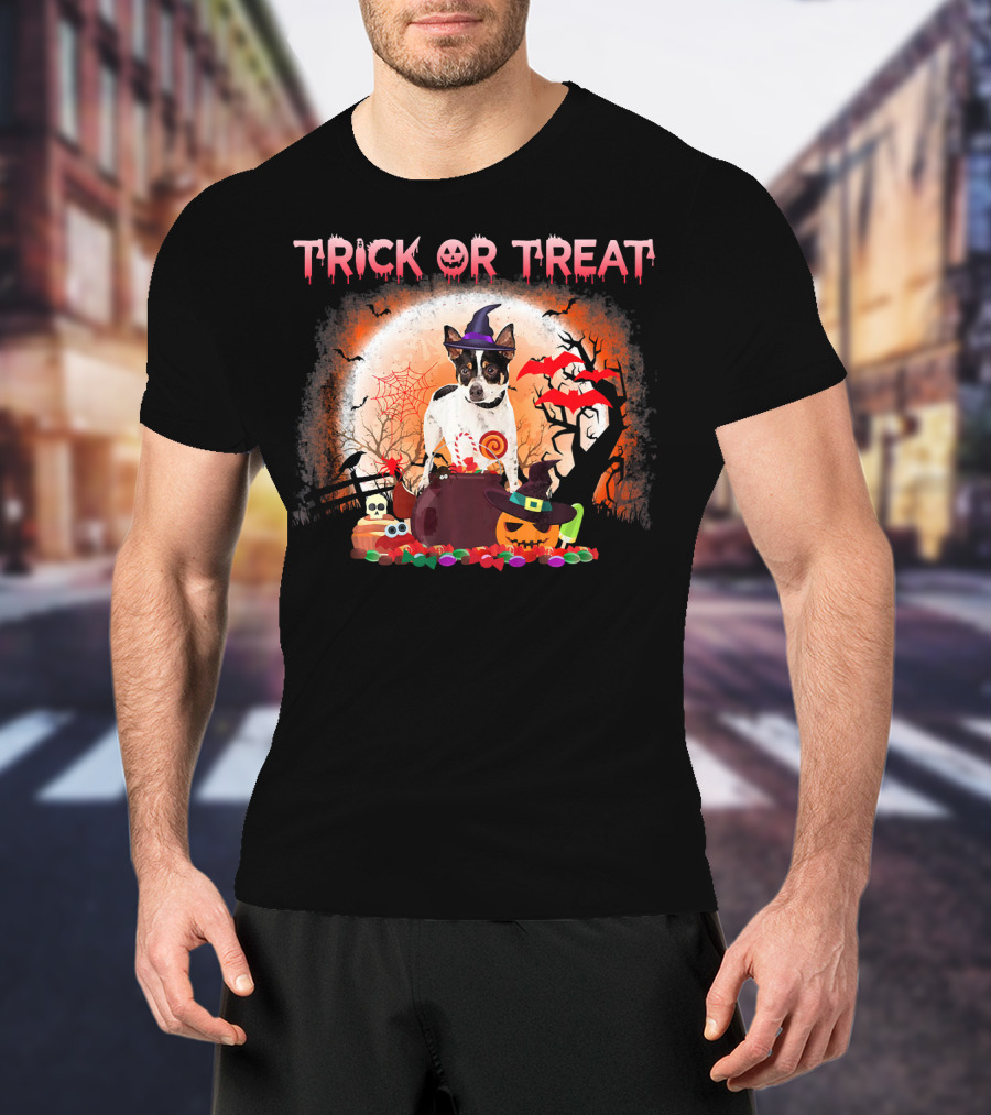 Trick Or Treat Rat Terrier Halloween With Witch Hat, Bats, And Pumpkins T-Shirt