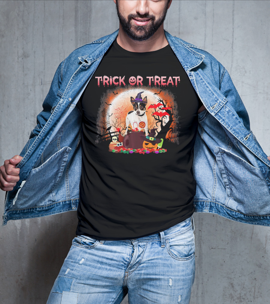 Trick Or Treat Rat Terrier Halloween With Witch Hat, Bats, And Pumpkins T-Shirt