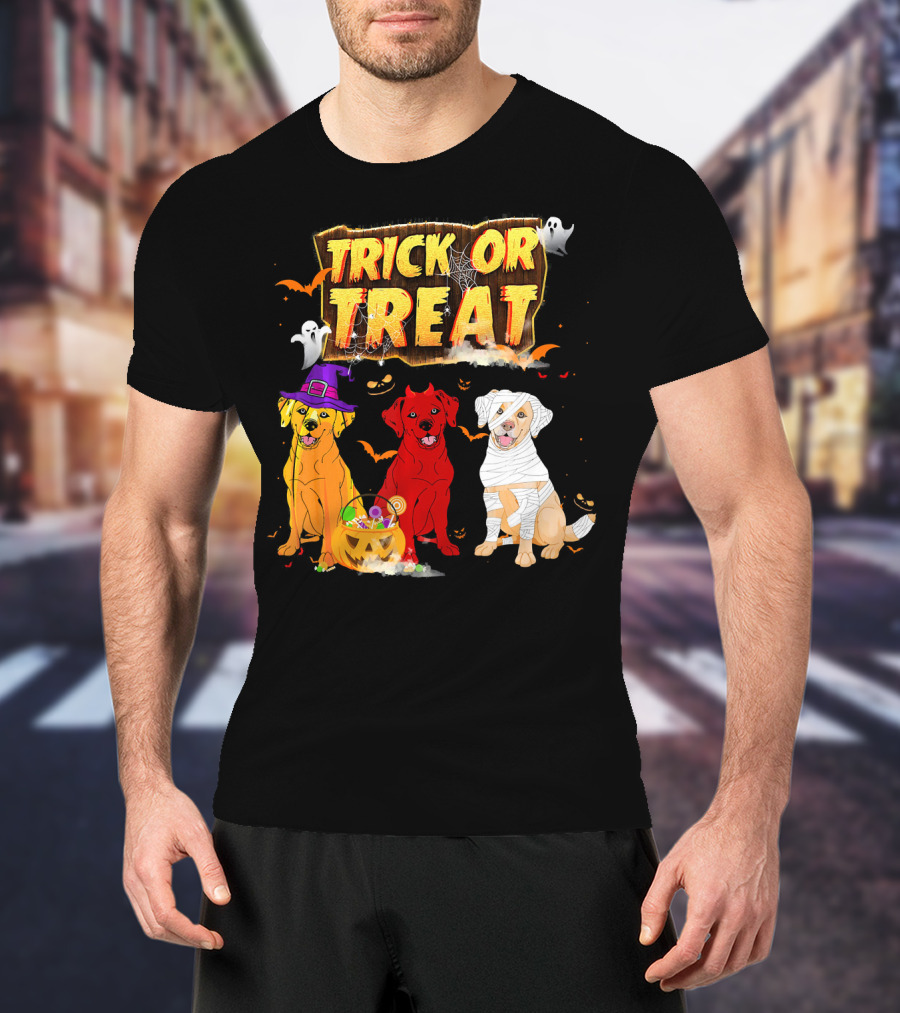 Trick Or Treat Three Labrador Retrievers Halloween Pumpkin Candy Ghosts T-Shirt