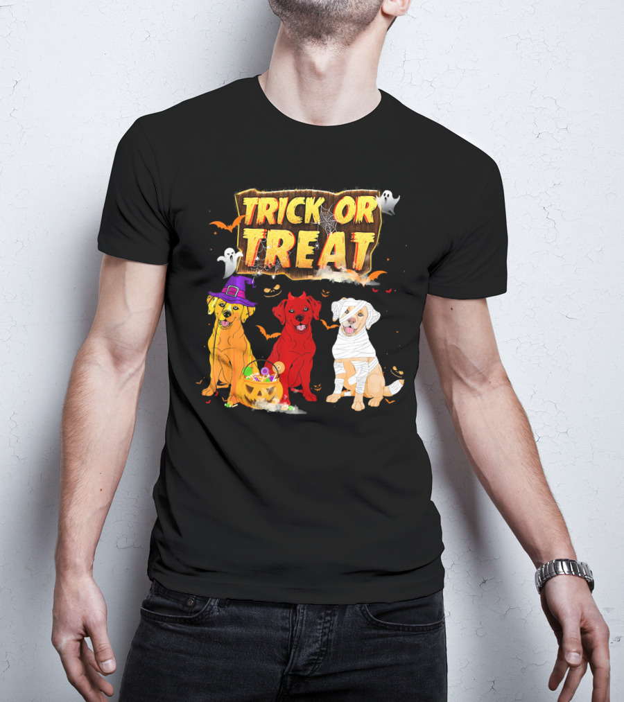 Trick Or Treat Three Labrador Retrievers Halloween Pumpkin Candy Ghosts T-Shirt