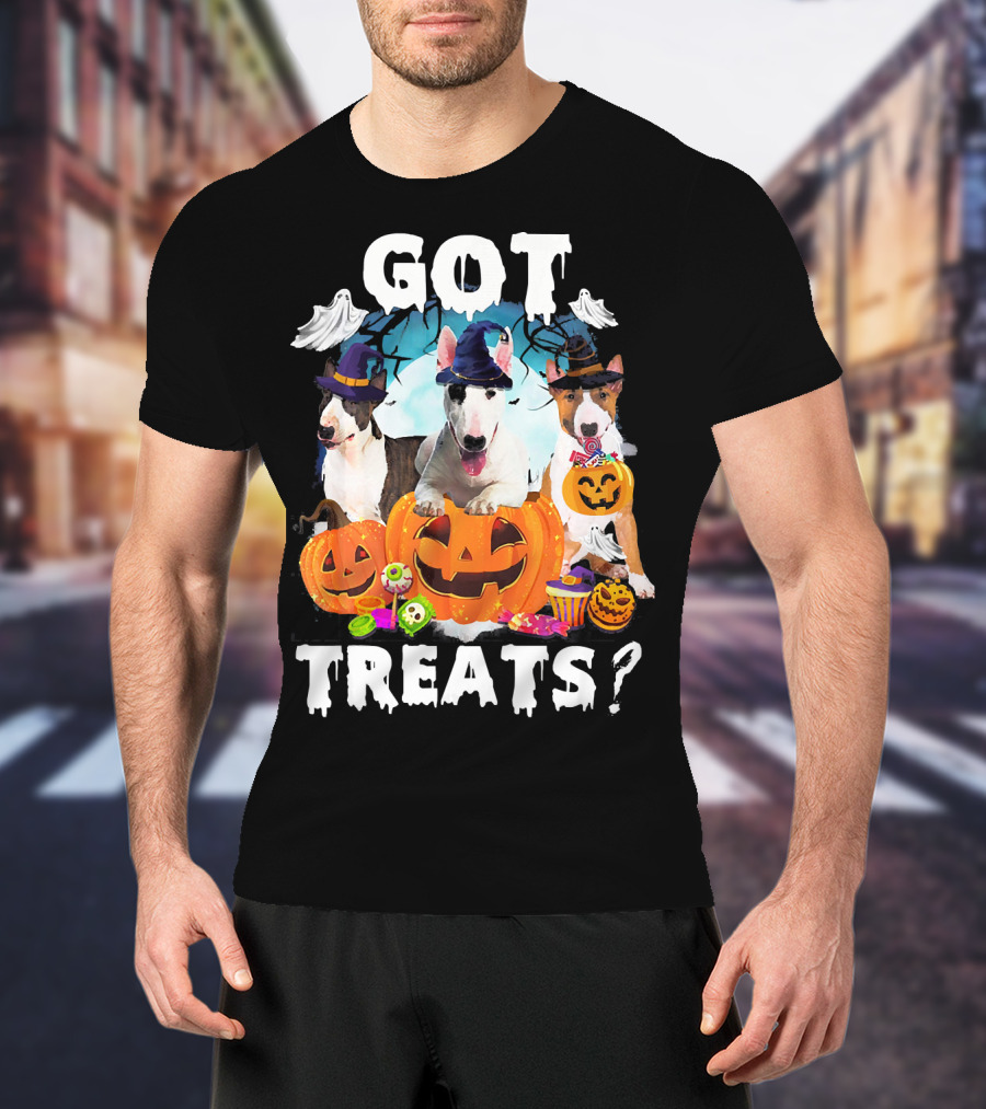 Got Treats Bull Terrier Halloween Ghosts Pumpkins T-Shirt