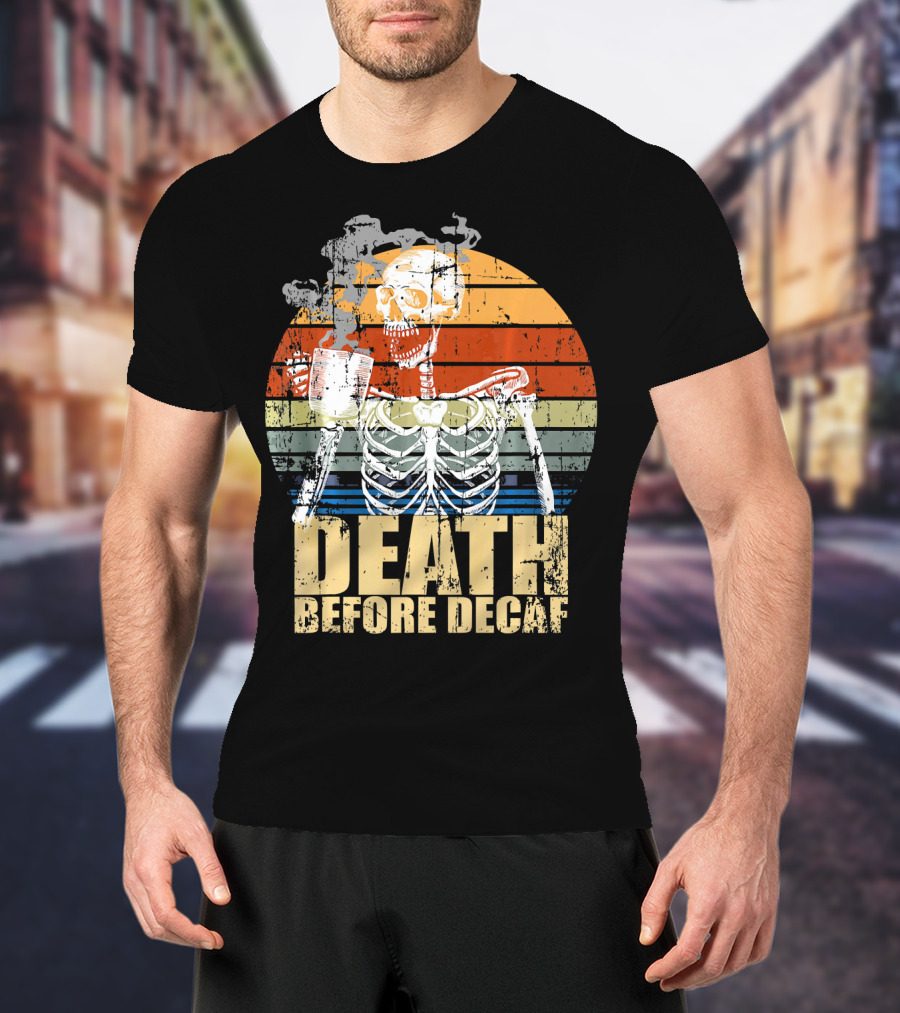 Vintage Death Before Decaf Coffee Skeleton Retro Sunset T-Shirt