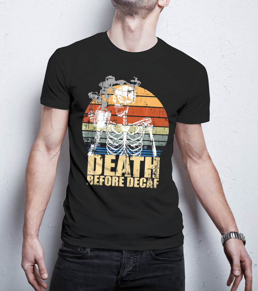 Vintage Death Before Decaf Coffee Skeleton Retro Sunset T-Shirt