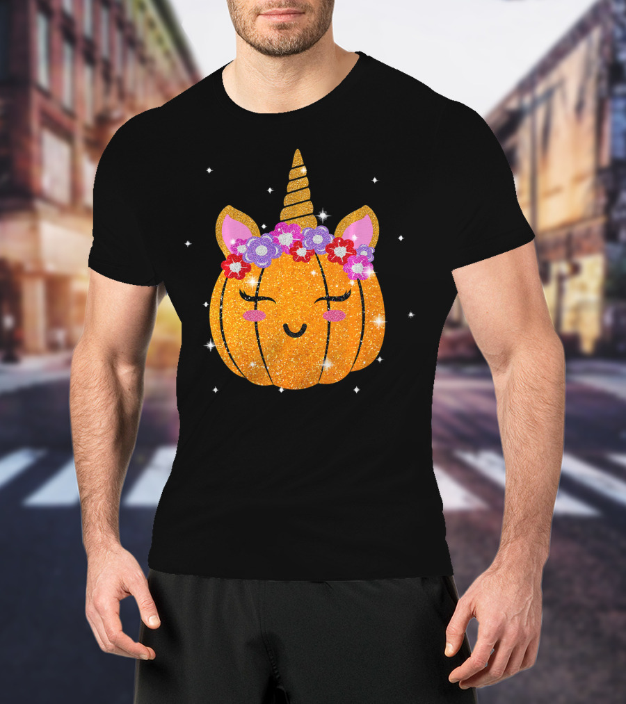 Cute Unicorn Pumpkin Glitter Funny Halloween Sparkles T-Shirt