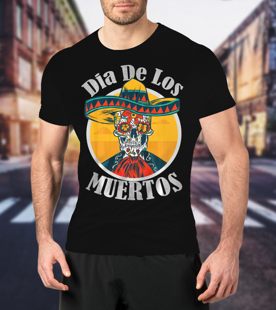 Dia De Los Muertos Skull With Sombrero And Floral Decoration T-Shirt