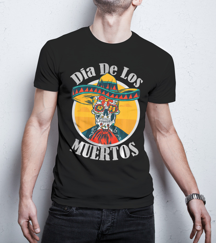 Dia De Los Muertos Skull With Sombrero And Floral Decoration T-Shirt