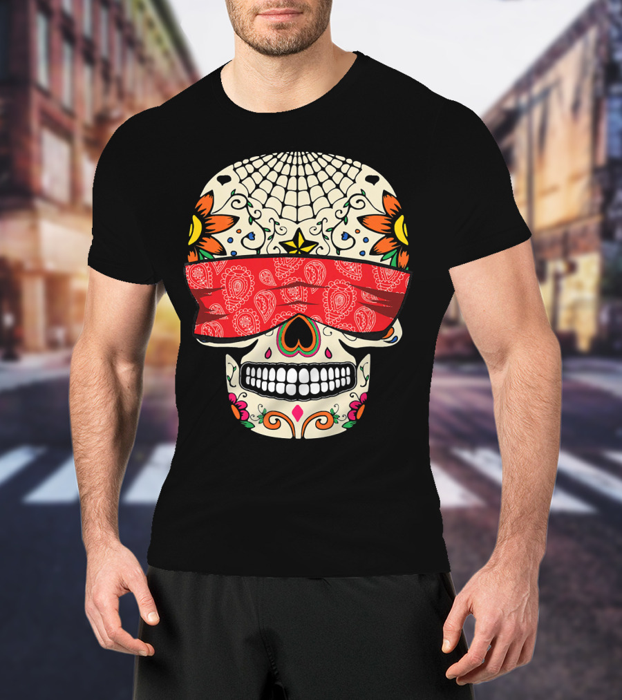 See No Evil Sugar Skull With Red Bandana And Floral Motifs T-Shirt