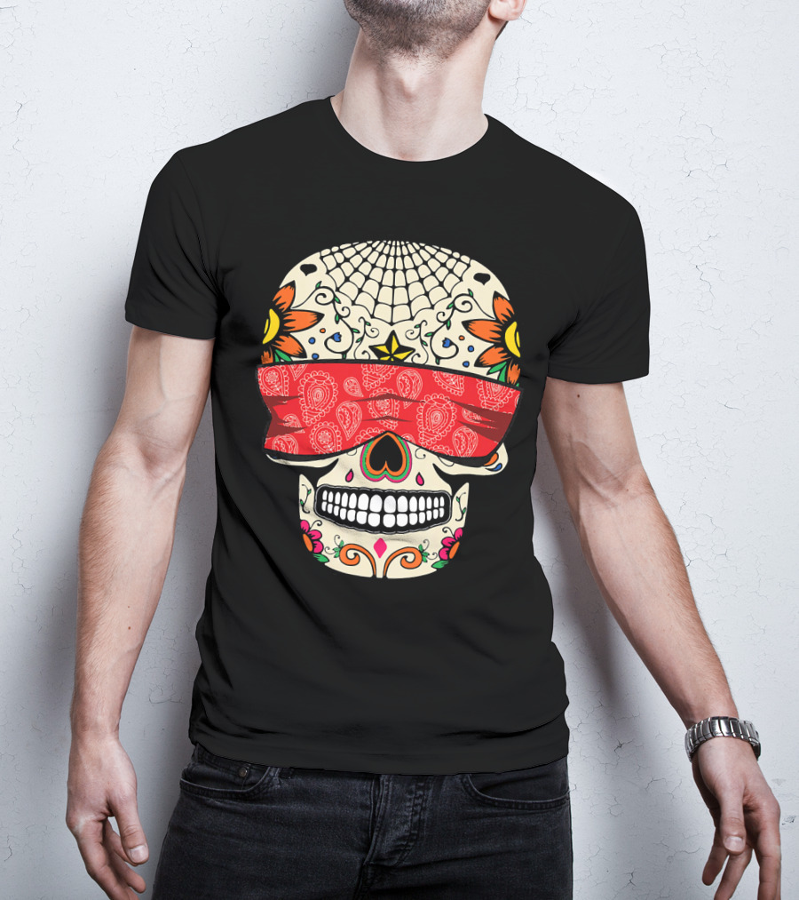 See No Evil Sugar Skull With Red Bandana And Floral Motifs T-Shirt