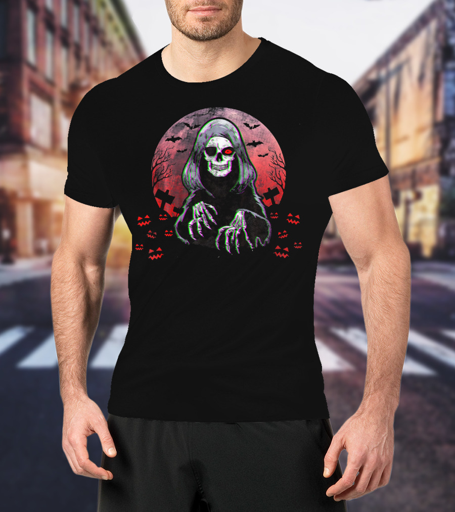 Grim Reaper Angel Of Death Halloween Horror Spooky Night Bats Pumpkins Crosses Skull T-Shirt