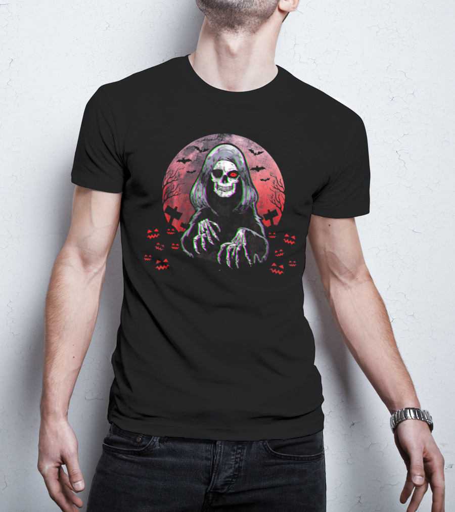 Grim Reaper Angel Of Death Halloween Horror Spooky Night Bats Pumpkins Crosses Skull T-Shirt