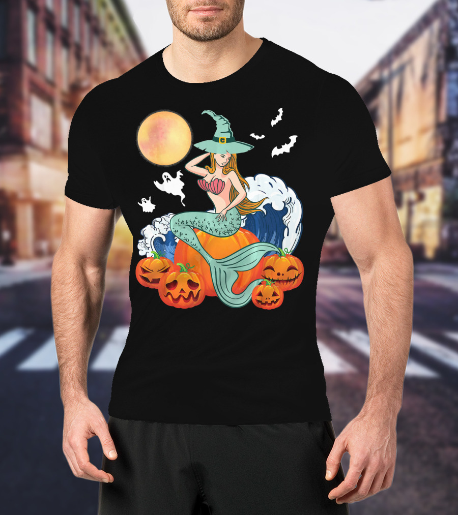Scary Moon Pumpkin Ghosts Mermaid Witch With Jack-O'-Lanterns And Bats T-Shirt