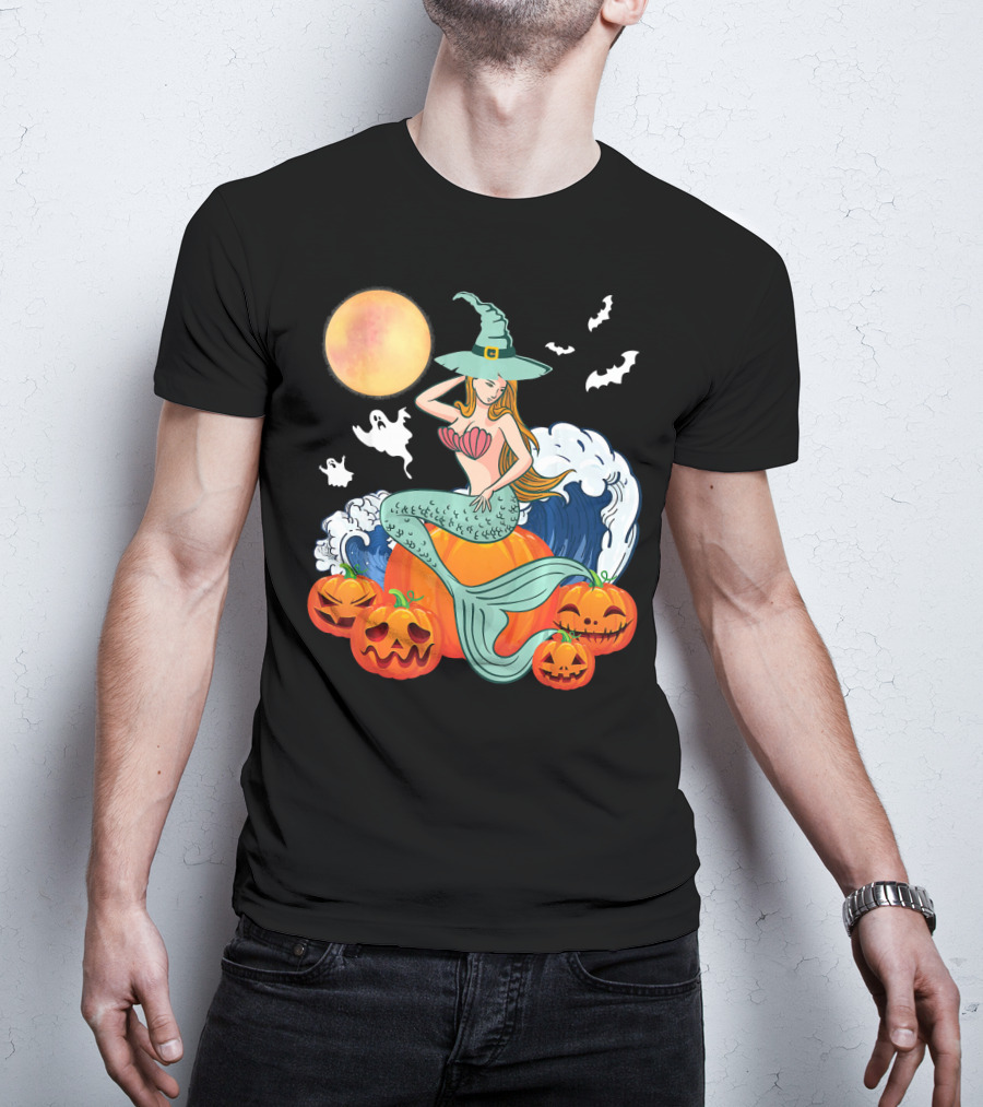 Scary Moon Pumpkin Ghosts Mermaid Witch With Jack-O'-Lanterns And Bats T-Shirt