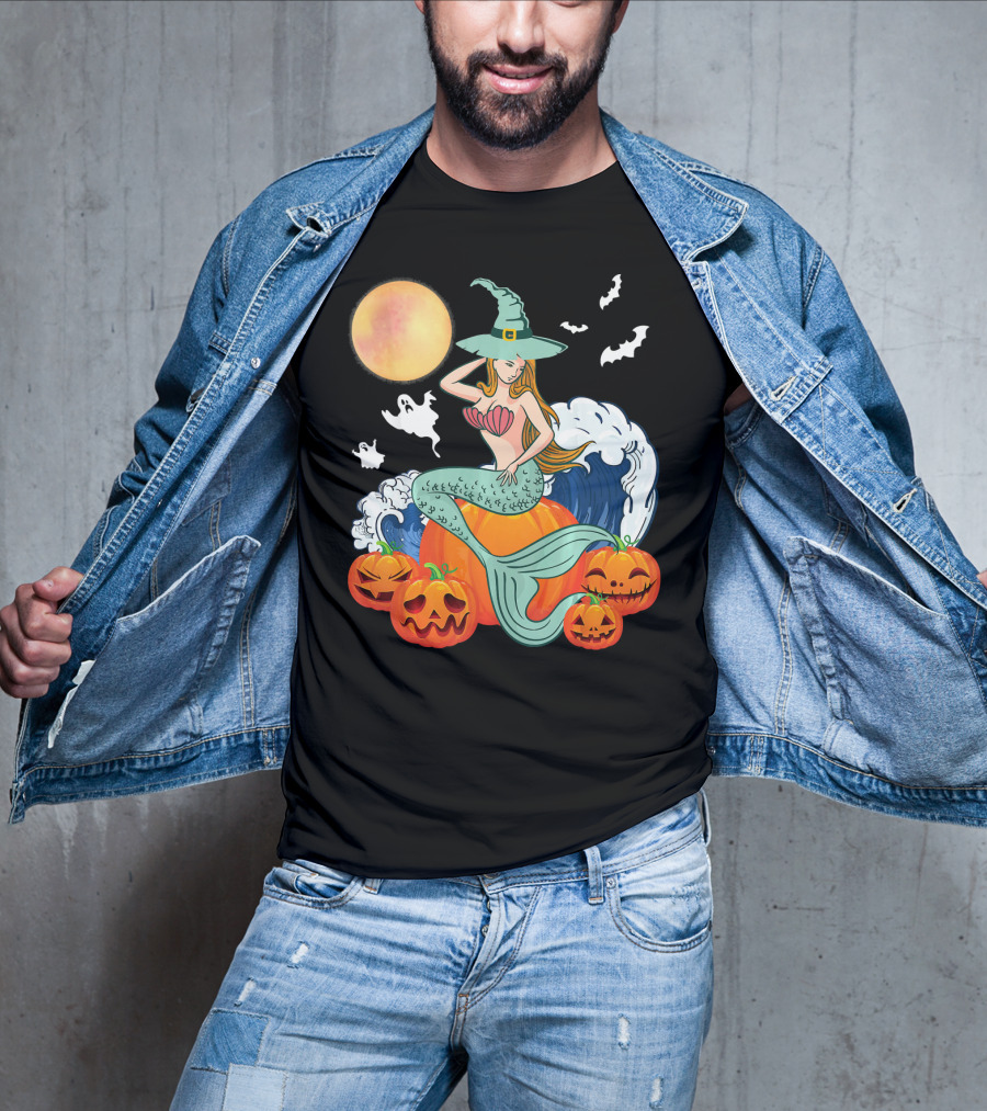 Scary Moon Pumpkin Ghosts Mermaid Witch With Jack-O'-Lanterns And Bats T-Shirt