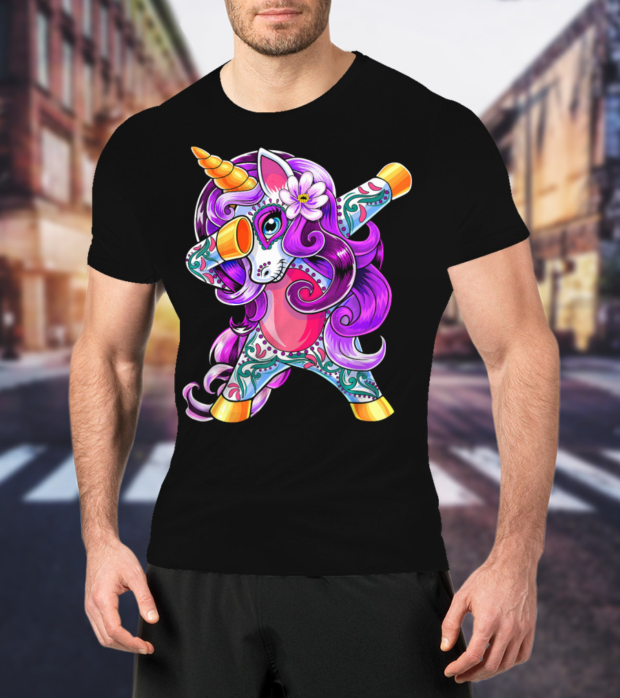 Dabbing Unicorn Day Of The Dead Sugar Skull T-Shirt