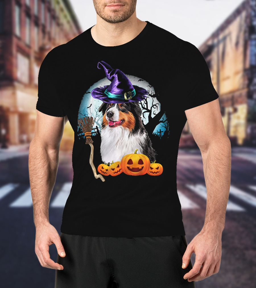 Australian Shepherd Halloween Witch Hat Dog With Pumpkins And Broomstick T-Shirt