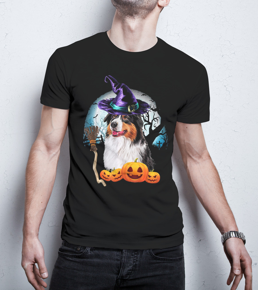 Australian Shepherd Halloween Witch Hat Dog With Pumpkins And Broomstick T-Shirt