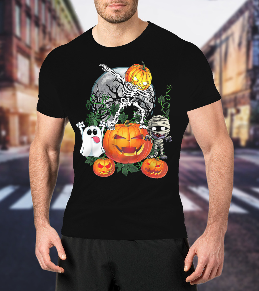 Dabbing Skeleton Pumpkin Ghost Mummy Halloween Moon Scene T-Shirt