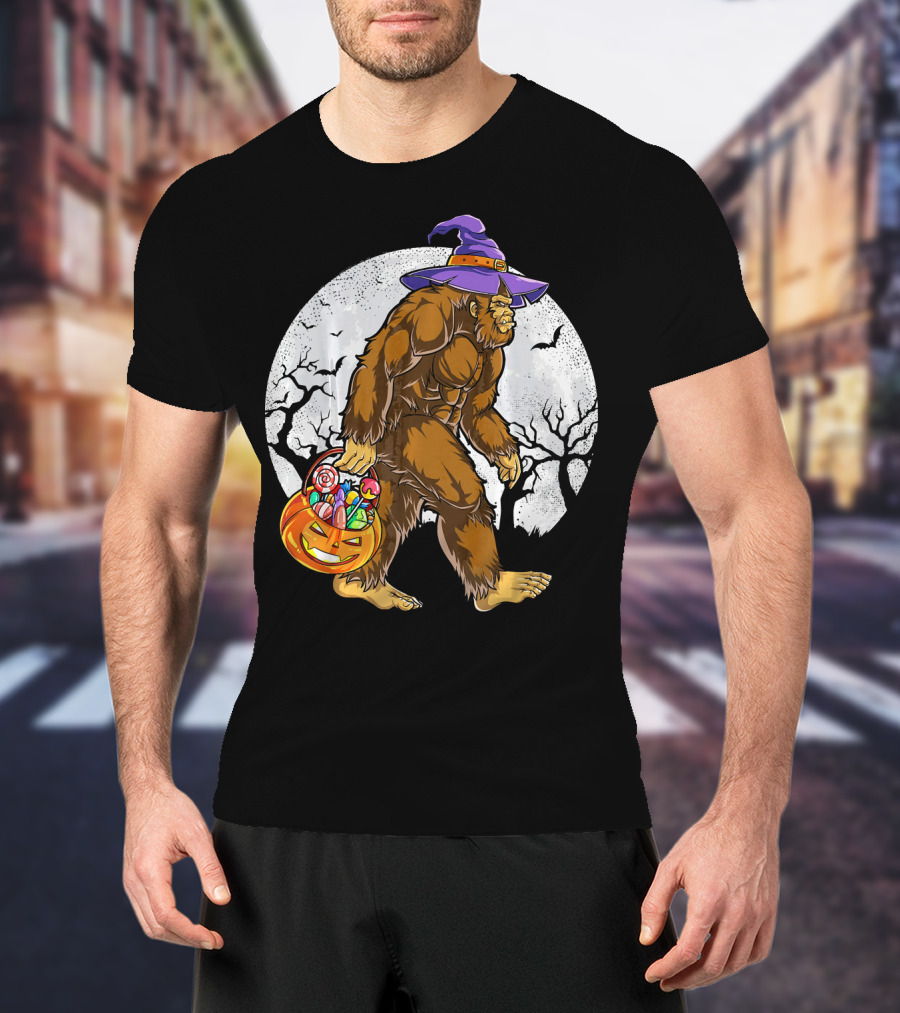 Bigfoot Witch Carrying Pumpkin Candy Basket In Spooky Moonlit Forest T-Shirt