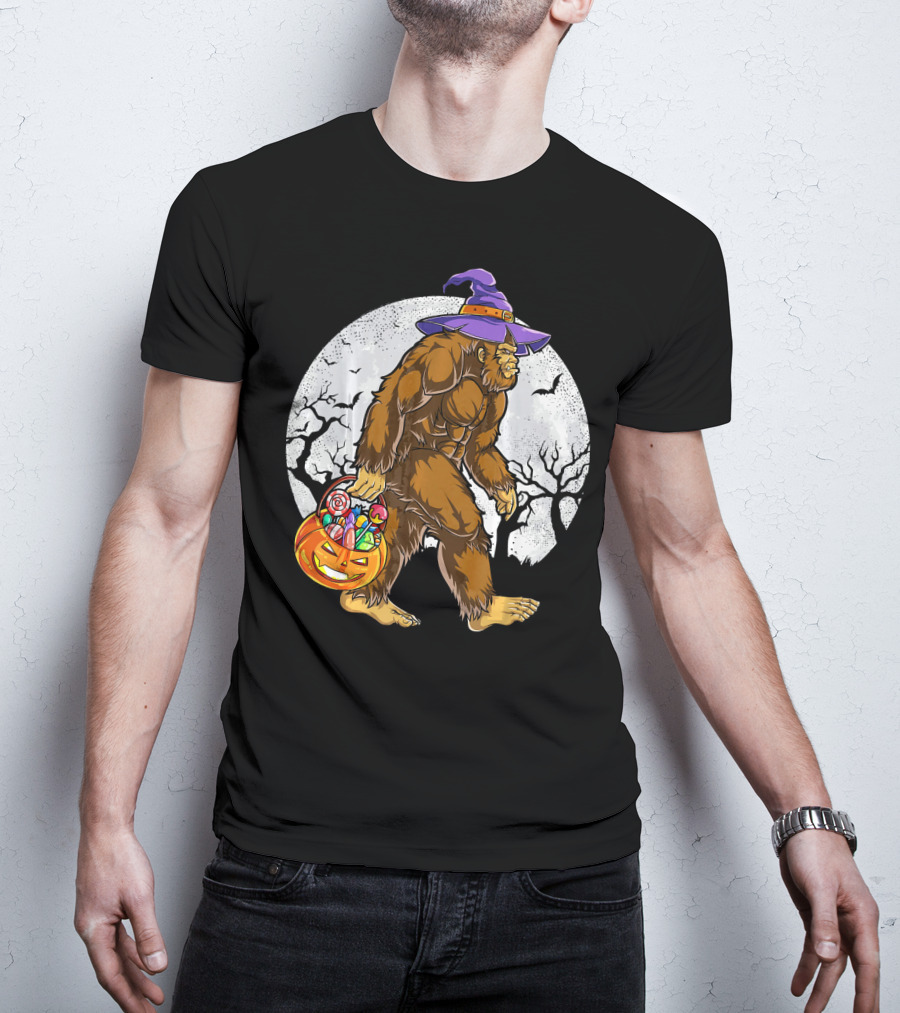 Bigfoot Witch Carrying Pumpkin Candy Basket In Spooky Moonlit Forest T-Shirt