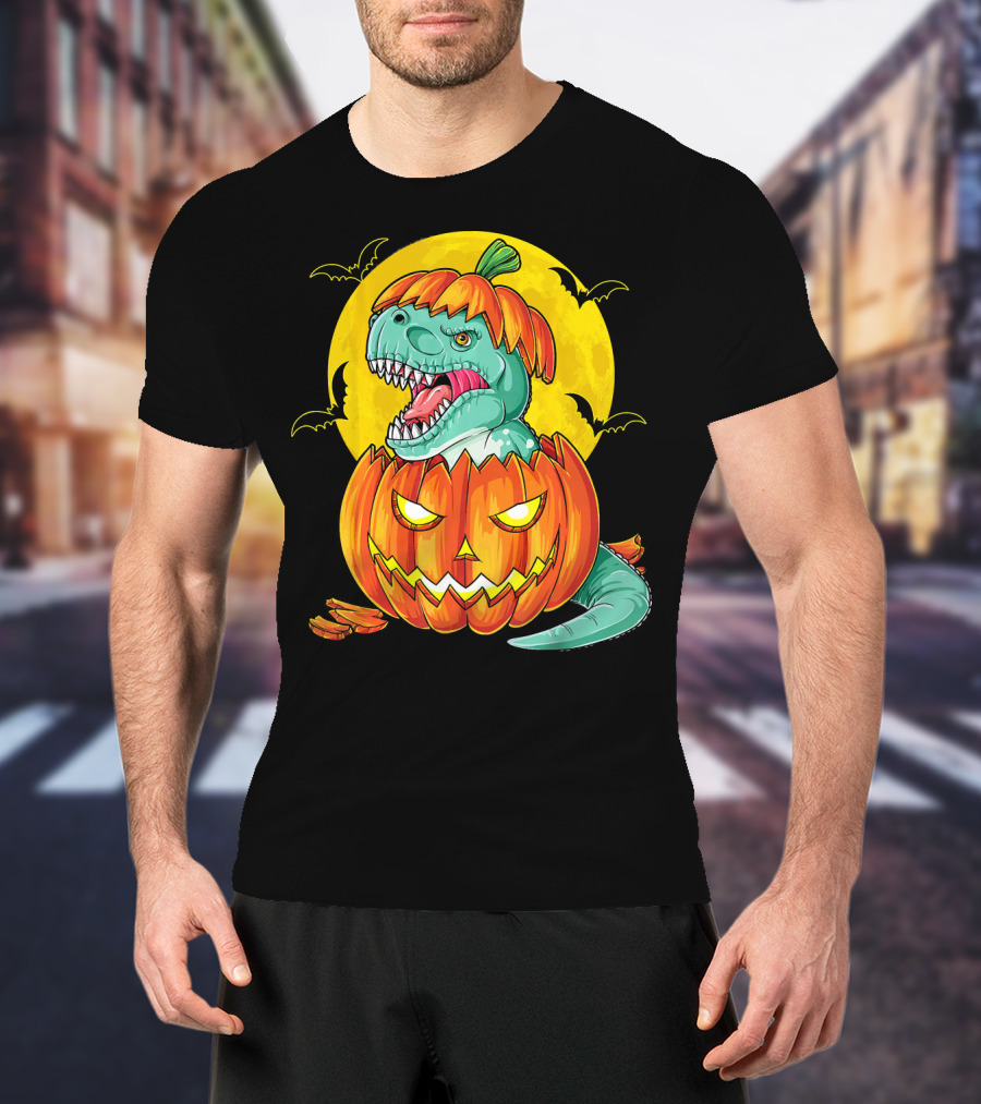 Dinosaur Pumpkin Halloween Moon Bats T-Shirt