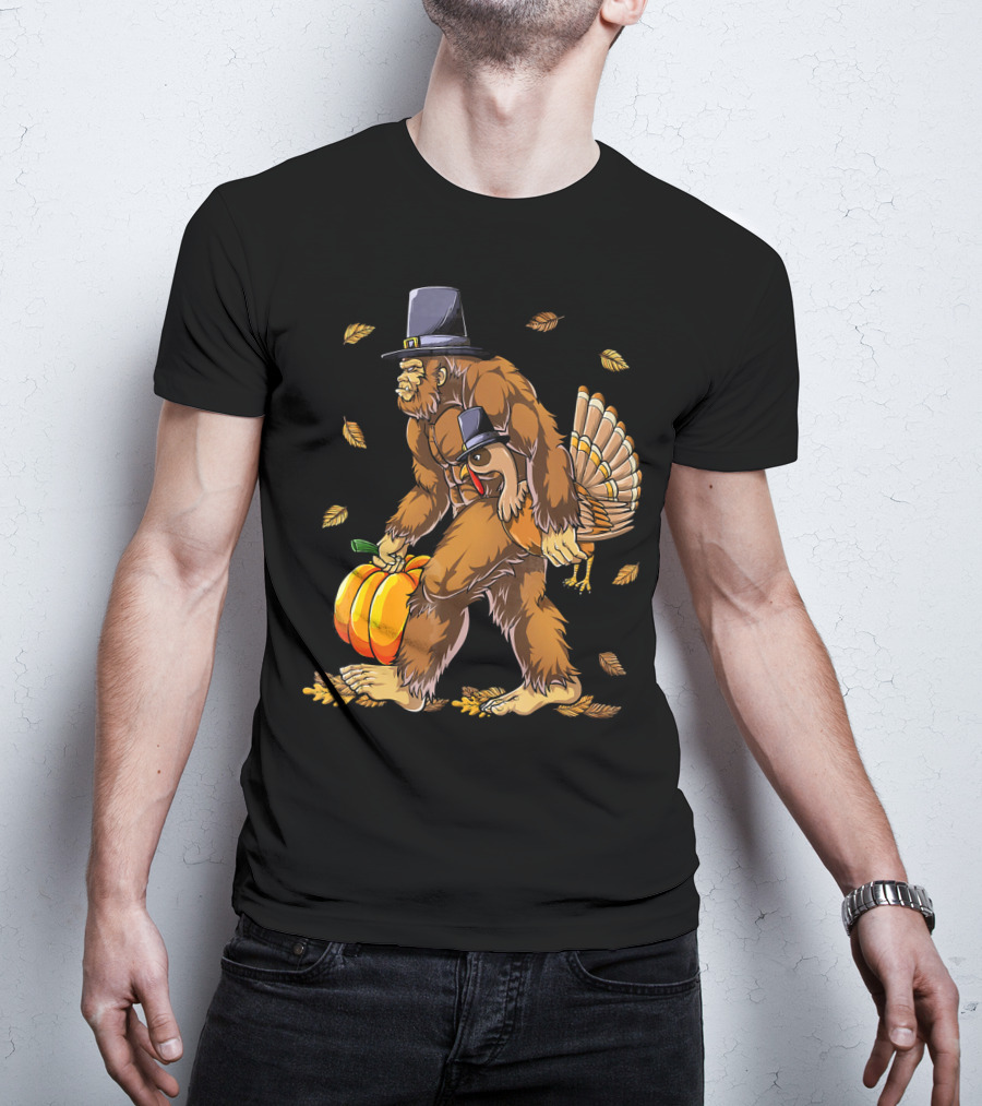 Thanksgiving Bigfoot Pilgrim Turkey Pumpkin Autumn Leaves T-Shirt