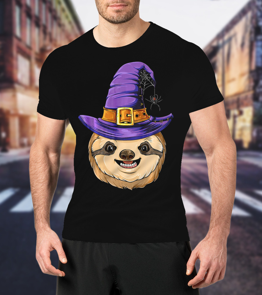 Sloth Witch Halloween Purple Hat Spider T-Shirt