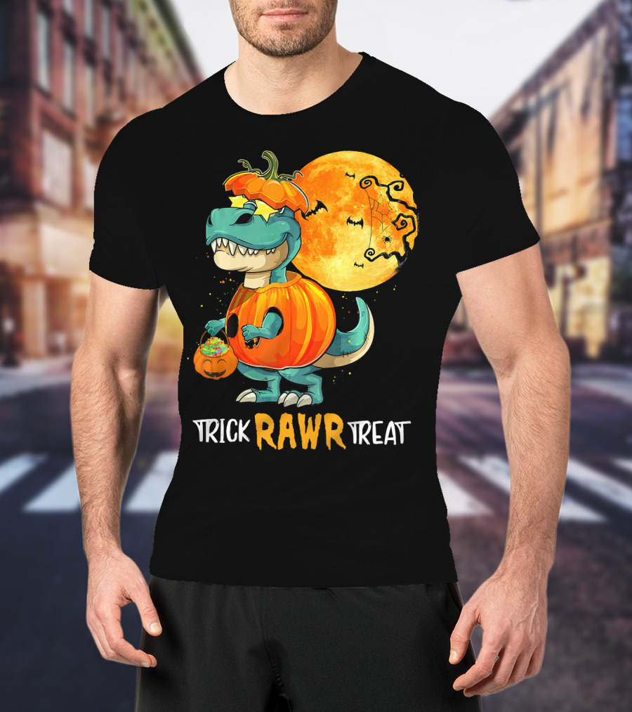 Trick RAWR Treat Rex Dinosaur Halloween Pumpkin Moon T-Shirt