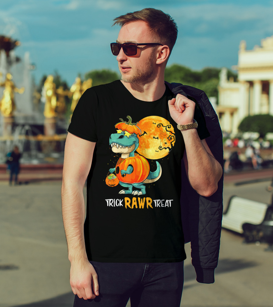 Trick RAWR Treat Rex Dinosaur Halloween Pumpkin Moon T-Shirt
