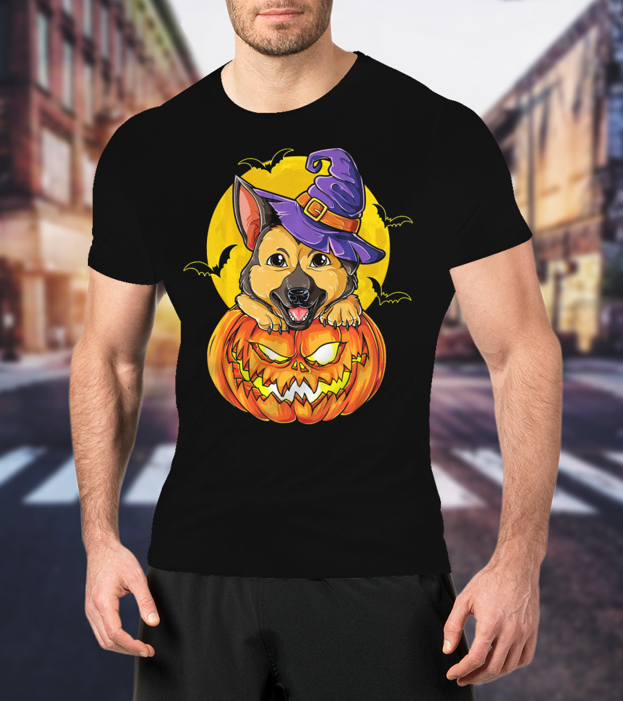 German Shepherd Pumpkin With Witch Hat And Bats T-Shirt