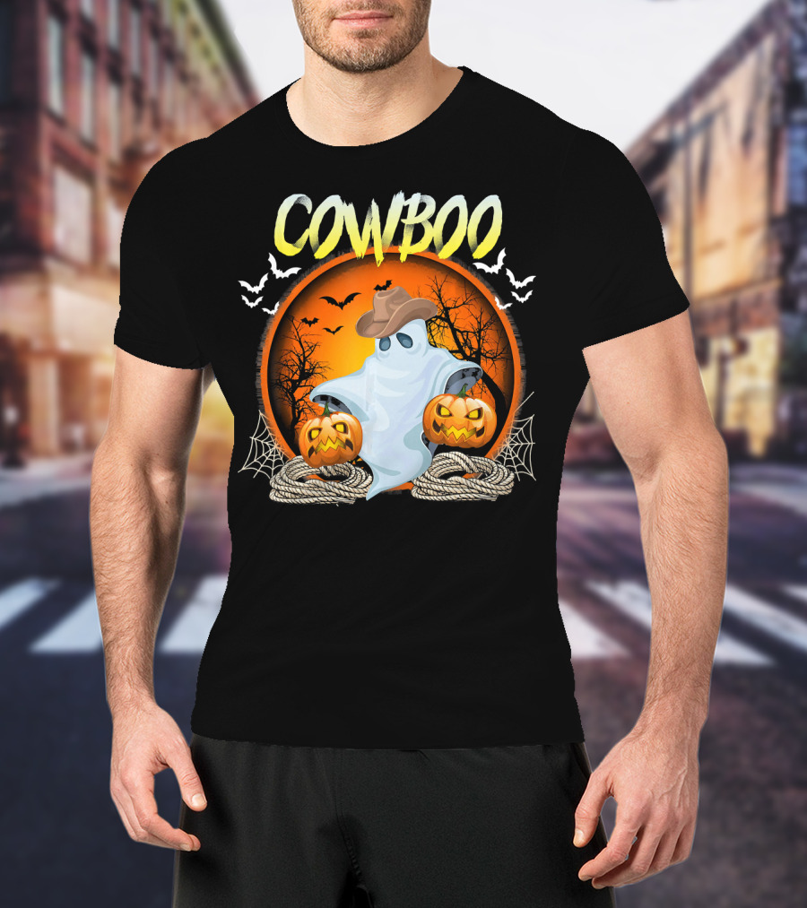 Cowboo Halloween Ghost In Cowboy Hat With Pumpkins And Bats T-Shirt