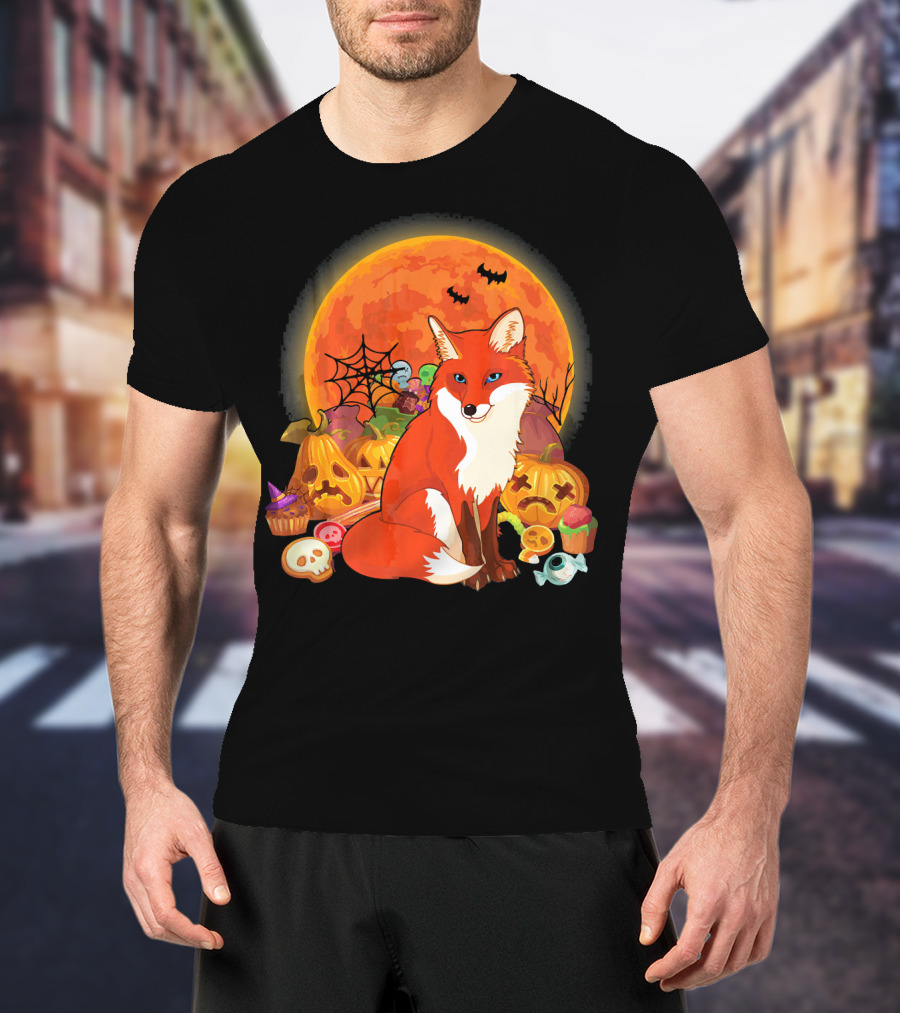 Funny Fox Halloween Full Moon Pumpkin Candy Scene T-Shirt