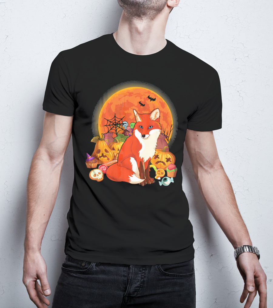 Funny Fox Halloween Full Moon Pumpkin Candy Scene T-Shirt