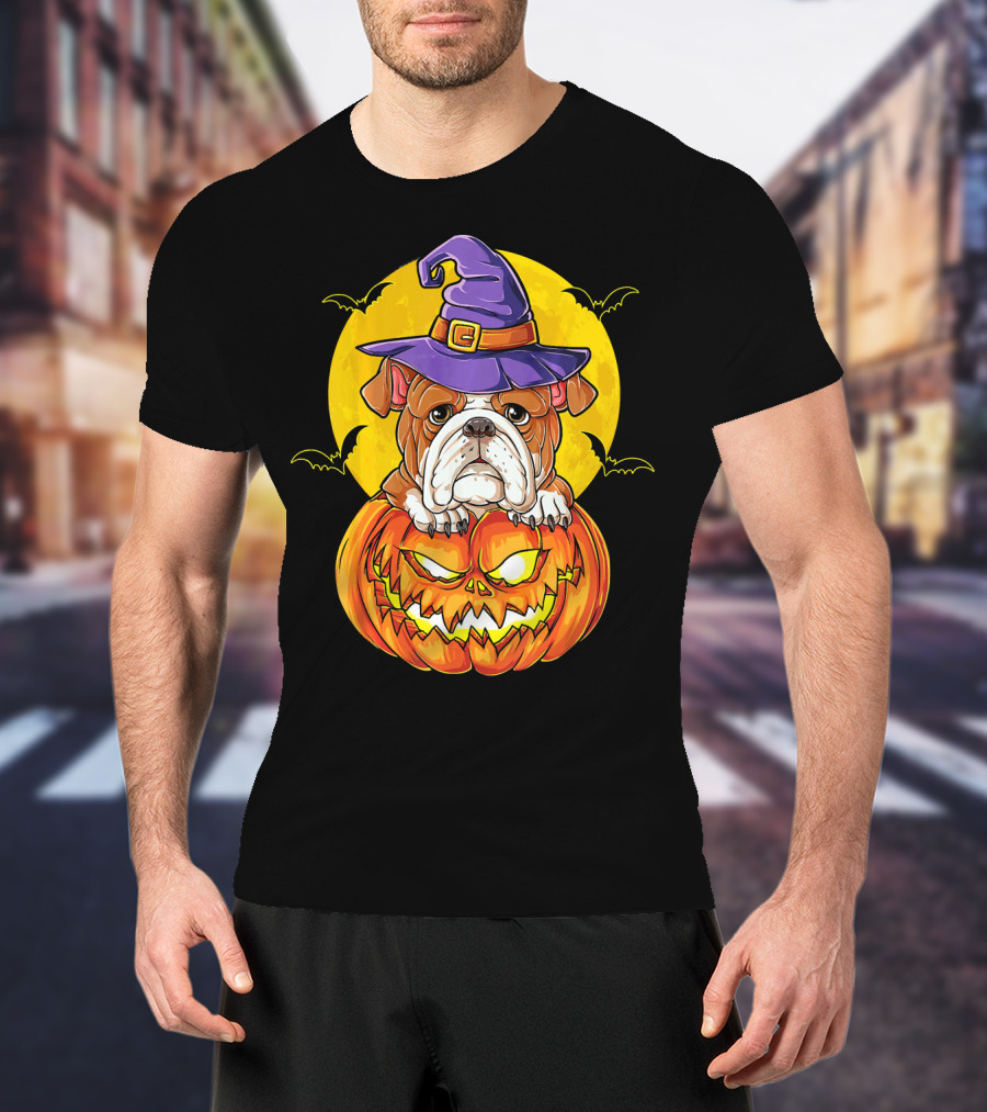 English Bulldog Halloween Witch Pumpkin Moon T-Shirt