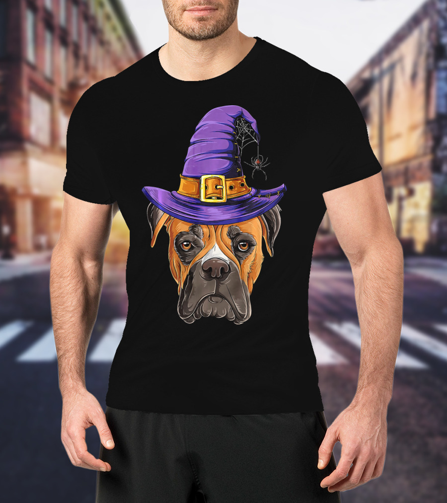 Boxer Dog Halloween Witch Hat Spider T-Shirt