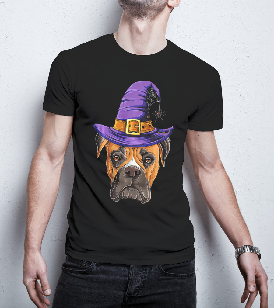 Boxer Dog Halloween Witch Hat Spider T-Shirt