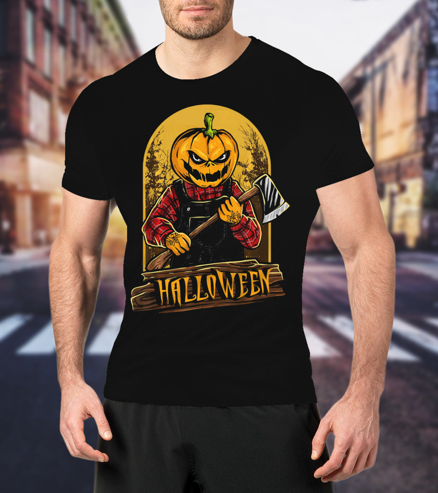 Halloween Horror Pumpkin Creepy Axe T-Shirt