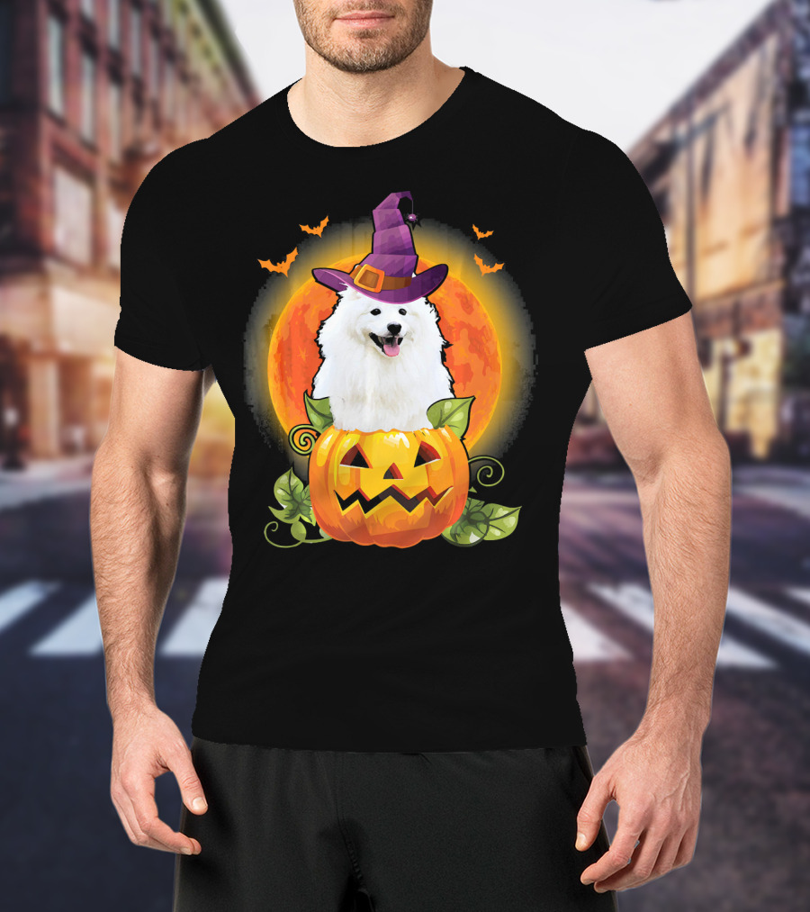 Samoyed Dog Witch Hat Pumpkin Halloween Moon T-Shirt