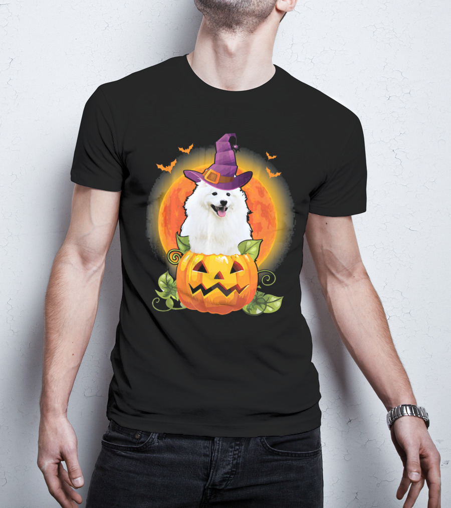 Samoyed Dog Witch Hat Pumpkin Halloween Moon T-Shirt