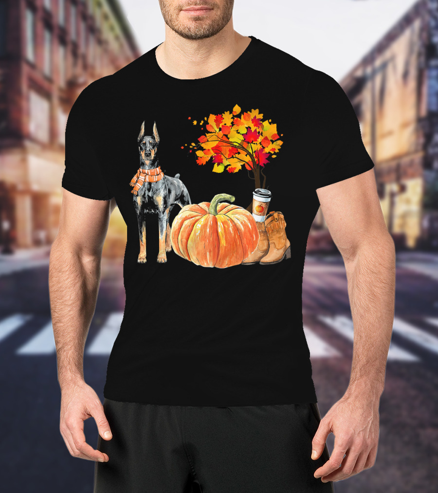 Doberman Pinscher Scarf Pumpkin Spice Autumn Boots Cozy Fall Leaves T-Shirt