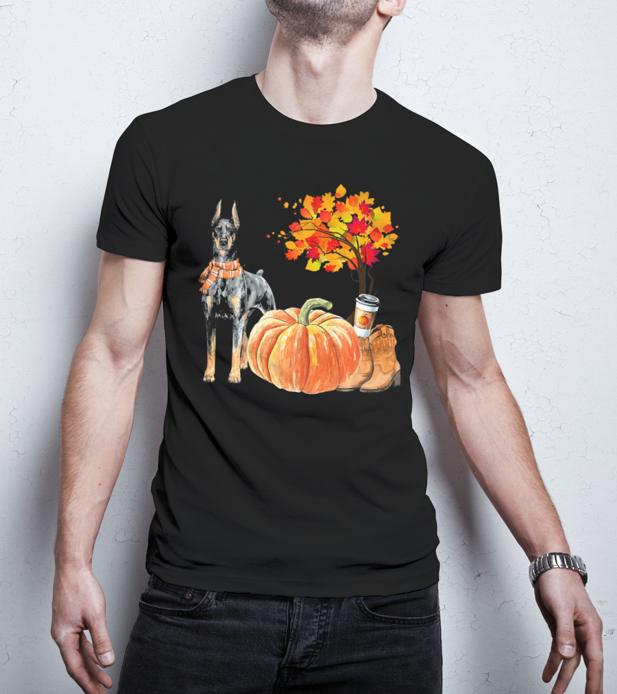 Doberman Pinscher Scarf Pumpkin Spice Autumn Boots Cozy Fall Leaves T-Shirt