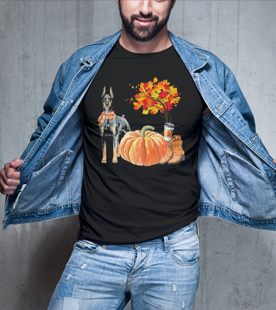Doberman Pinscher Scarf Pumpkin Spice Autumn Boots Cozy Fall Leaves T-Shirt