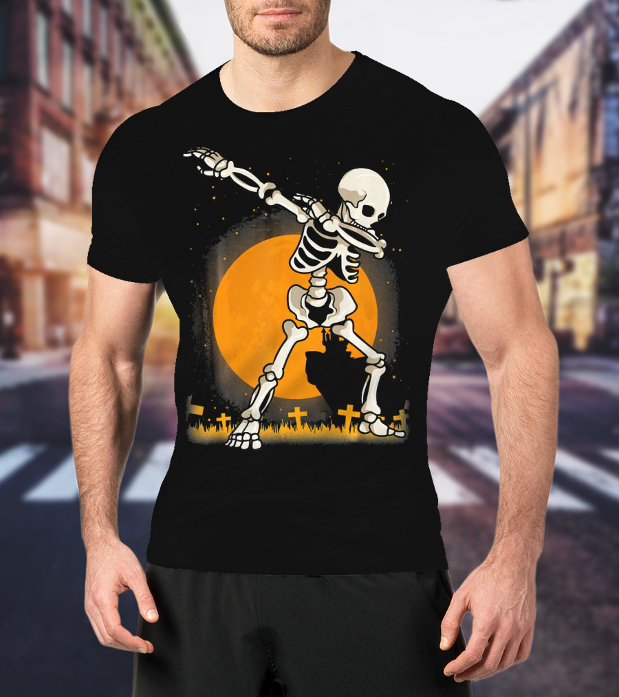 Halloween Skeleton Dabbing In Graveyard With Full Moon T-Shirt