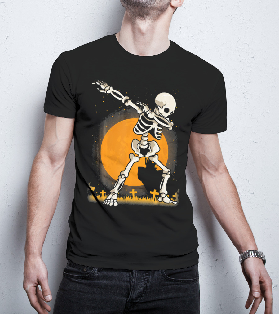 Halloween Skeleton Dabbing In Graveyard With Full Moon T-Shirt