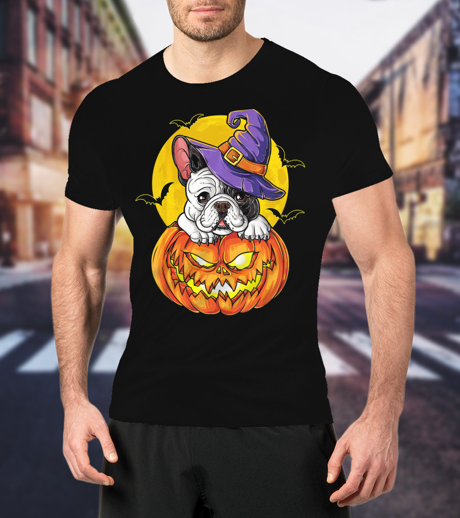 Halloween French Bulldog Witch In Pumpkin With Full Moon And Bats T-Shirt